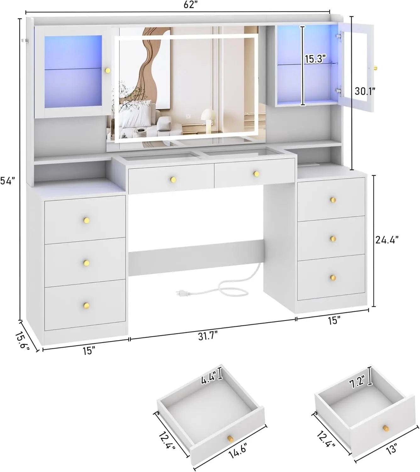 62" Large Vanity Desk with Mirror and Lights
