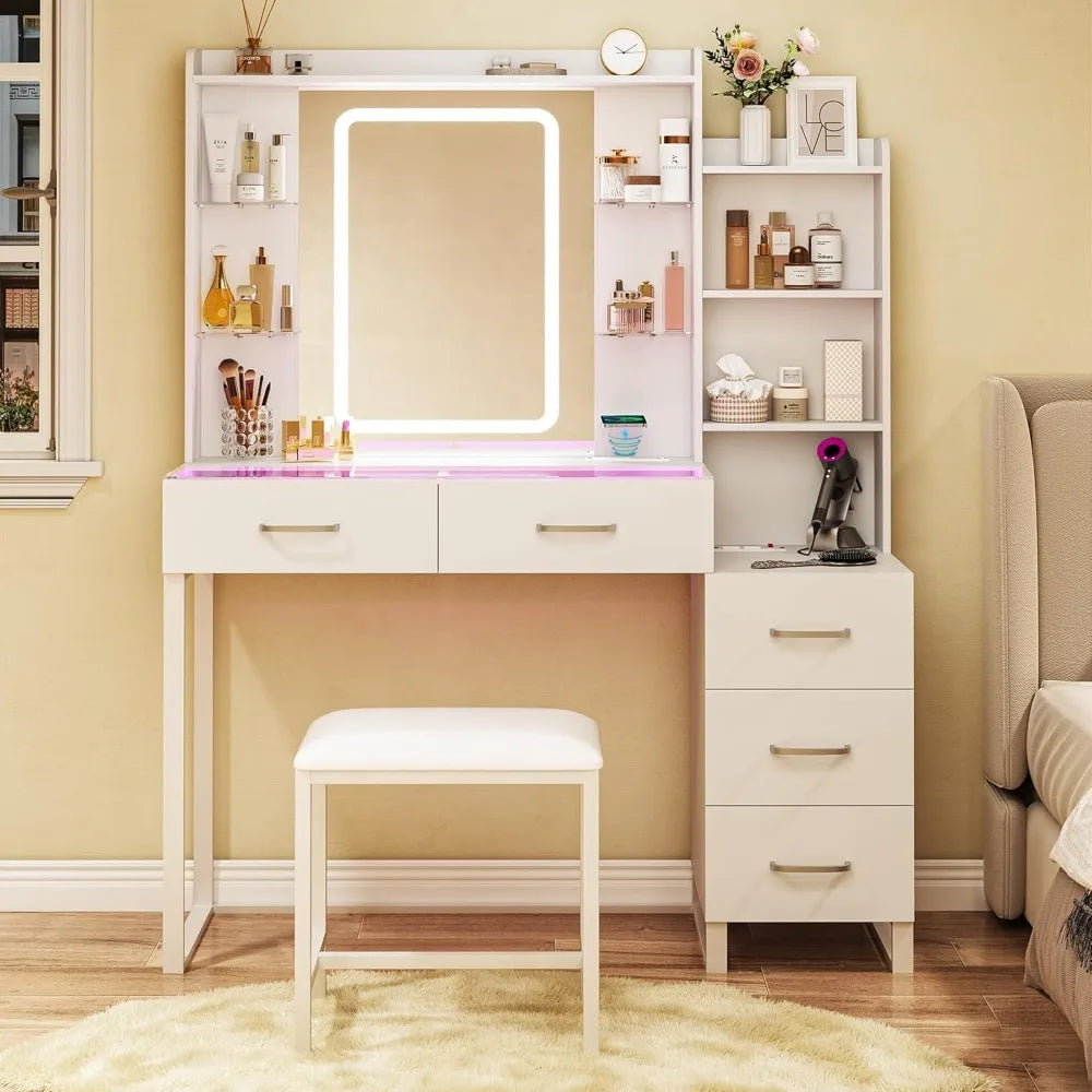 Vanity Desk with LED Mirror, Wireless Charging, 3 Color Lights, Power Outlet