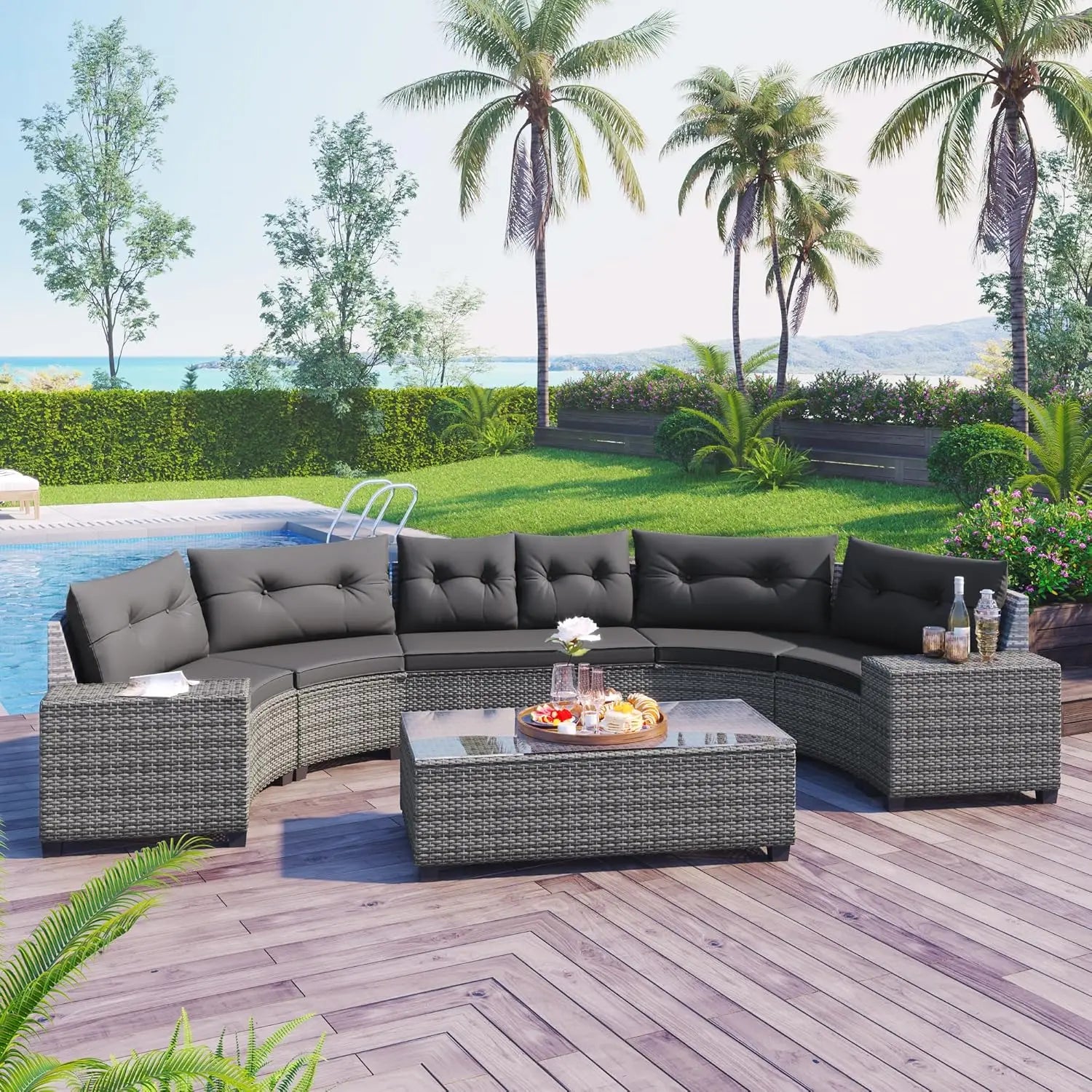 Wood Half-Moon Outdoor Sofa Set Coffee Table
