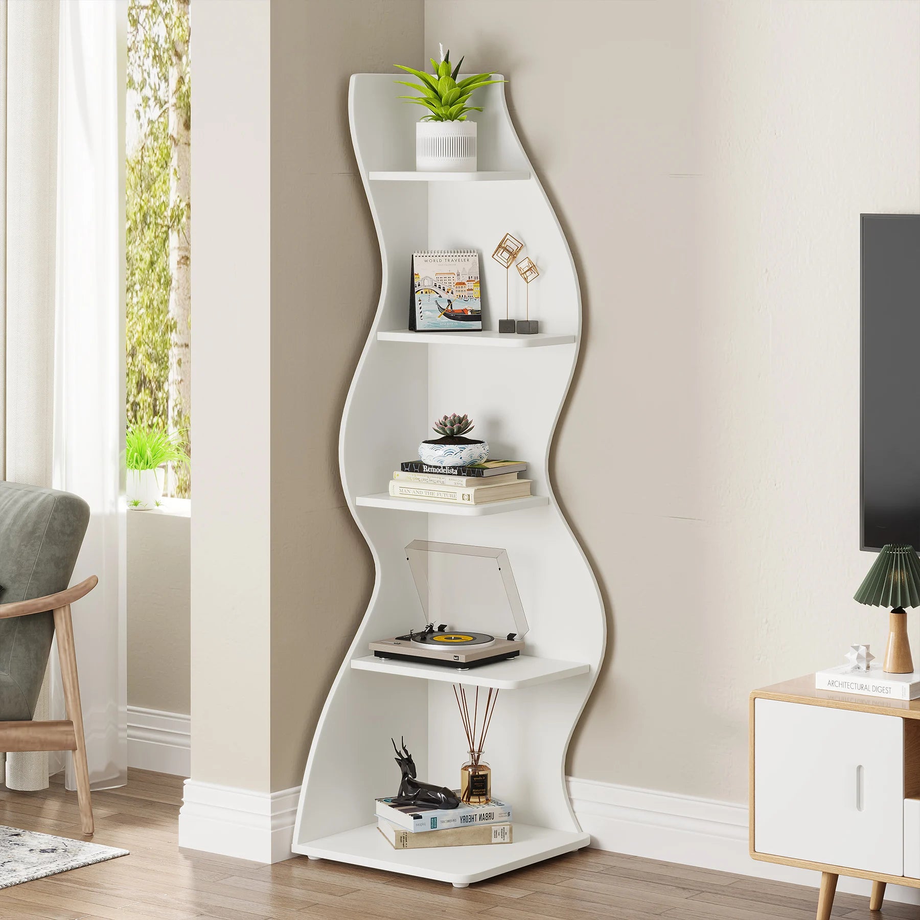 Modern 5-Tier Wall Corner Bookshelf
