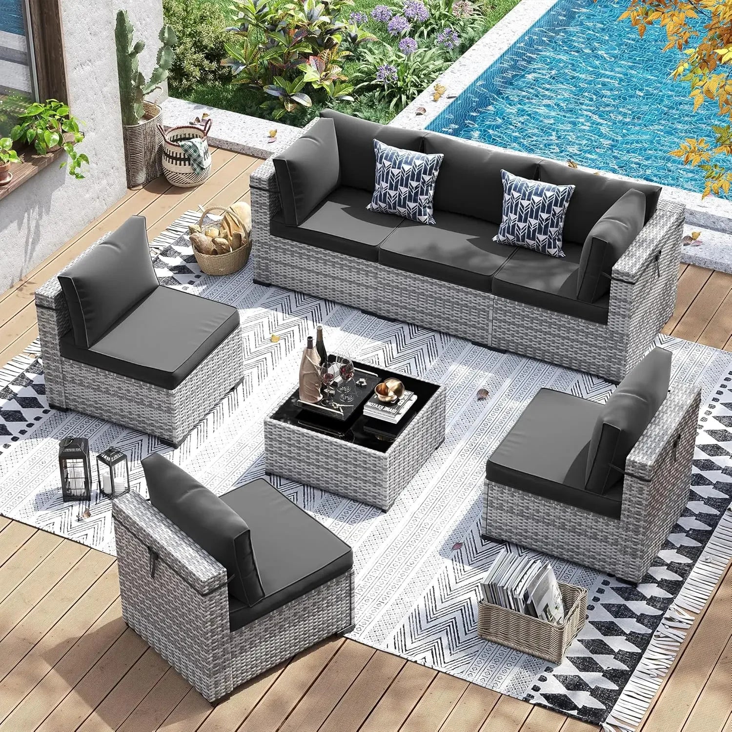 7 Pcs Wicker Sectional Sofa with Tea Table