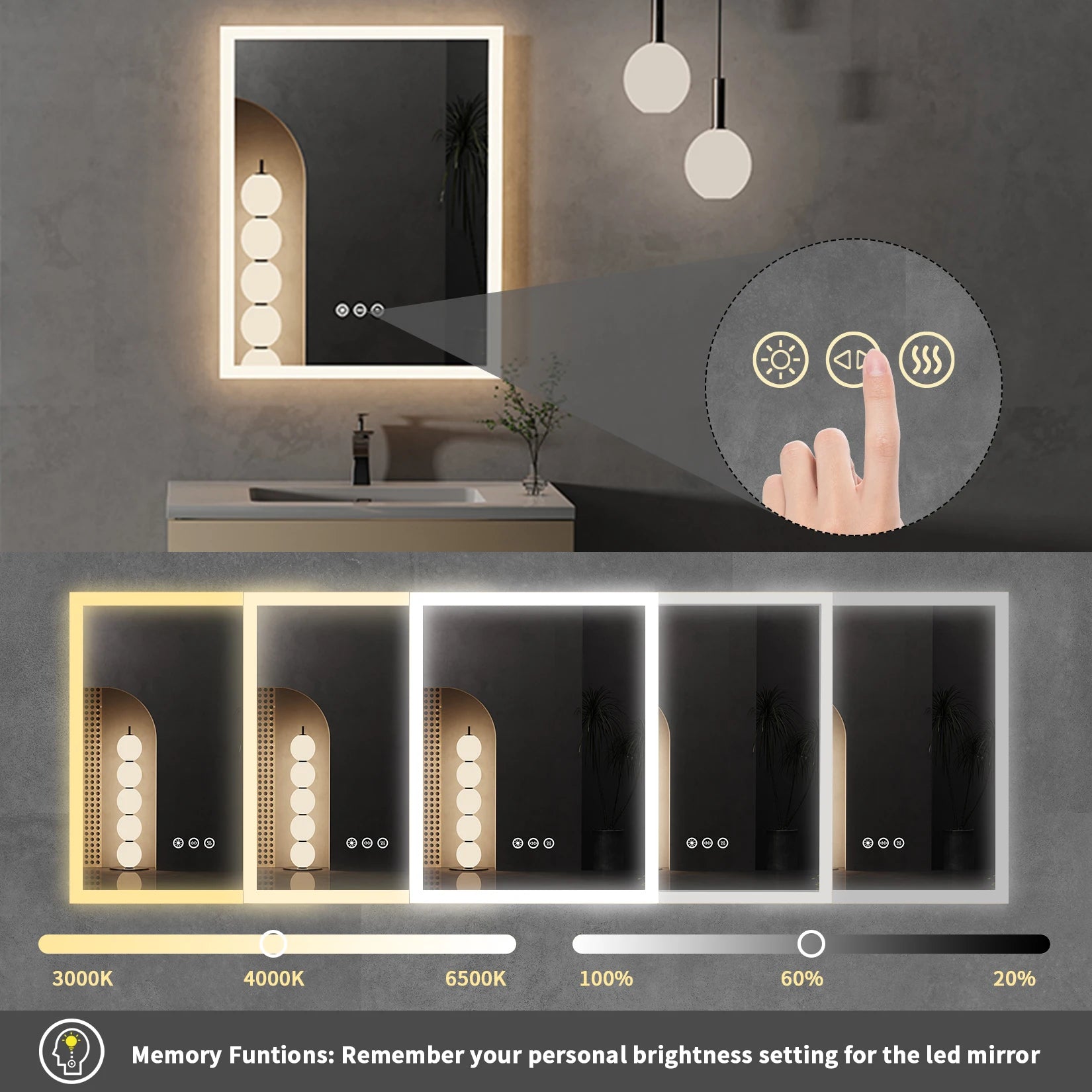 LED Mirror Wall Mount, Lights, Anti-fog  16x20 in