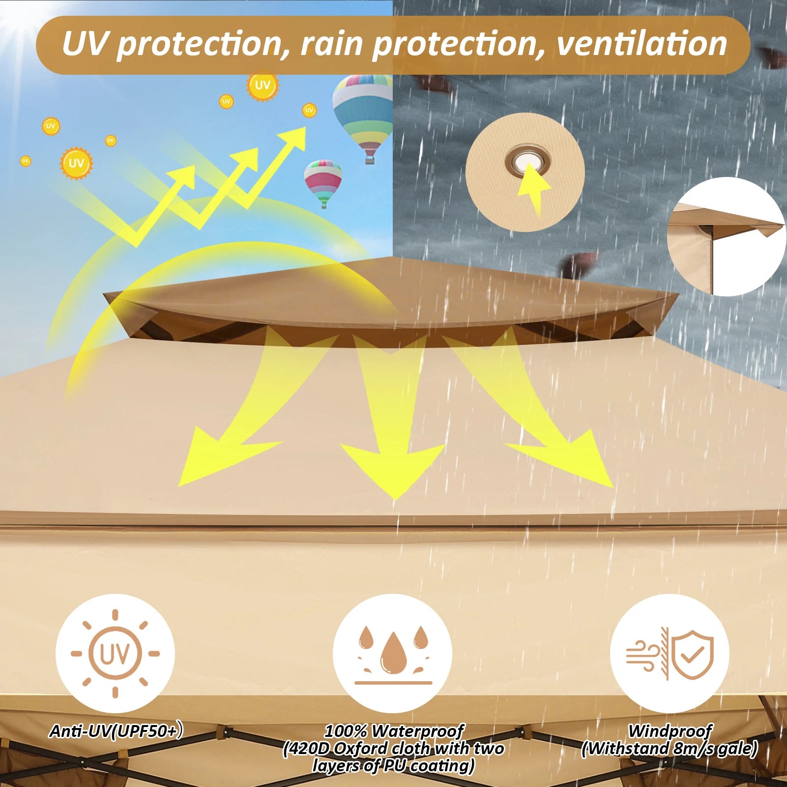 11x11 One-Push Canopy with Mosquito Net, Roof Vent