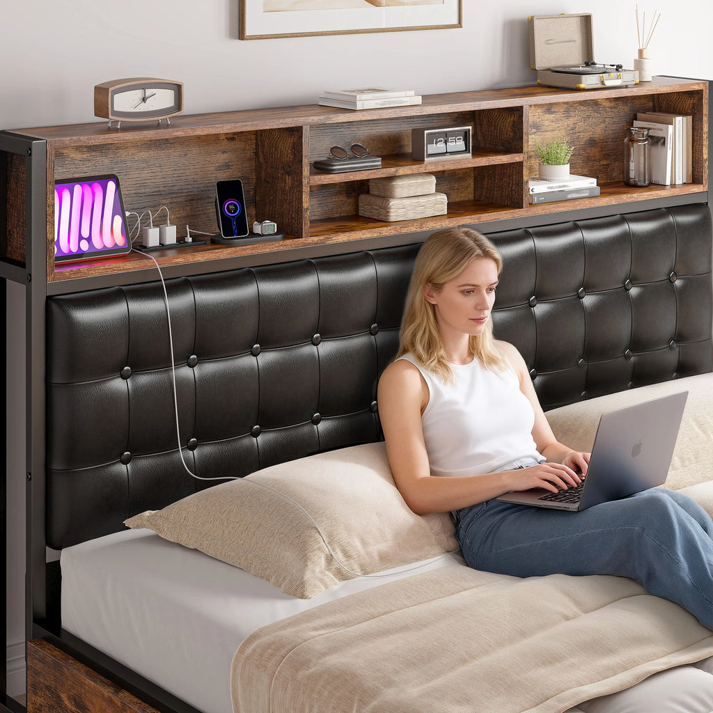 Full/Queen/King Bed Frame with Charging Station, 4 Storage Drawers