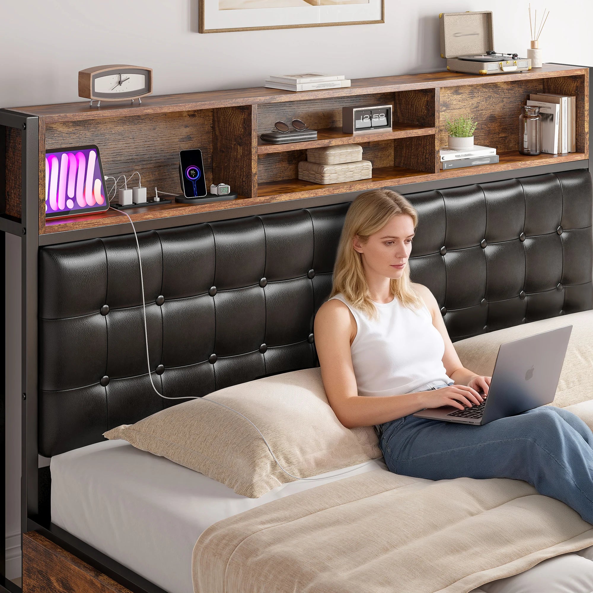 Full/Queen/King Bed Frame with Charging Station, 4 Storage Drawers