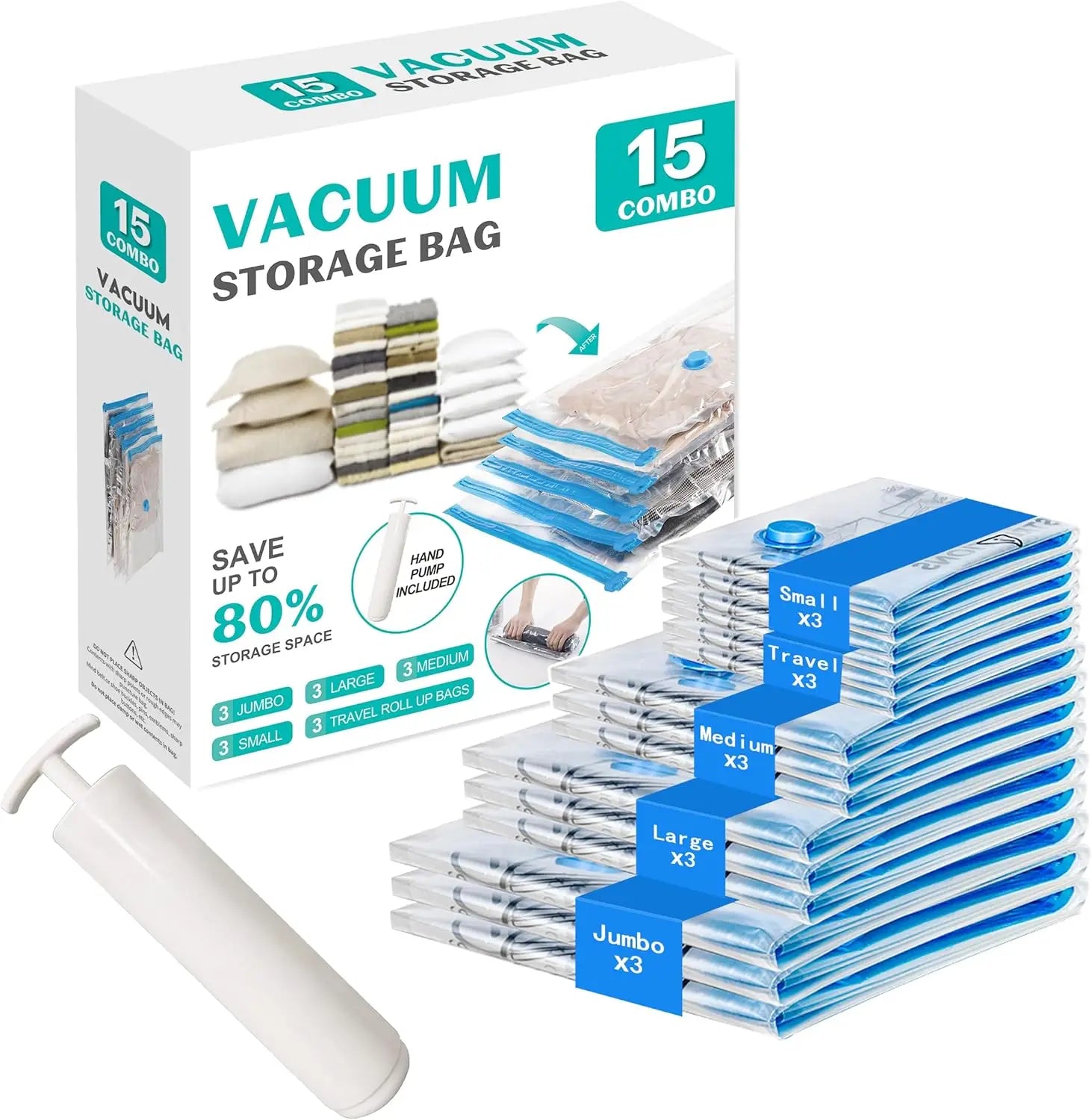 15 Pack Vacuum Storage Bags with Pump
