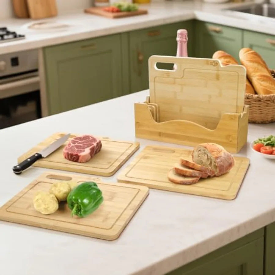4 Pack Bamboo Cutting Boards with Holder