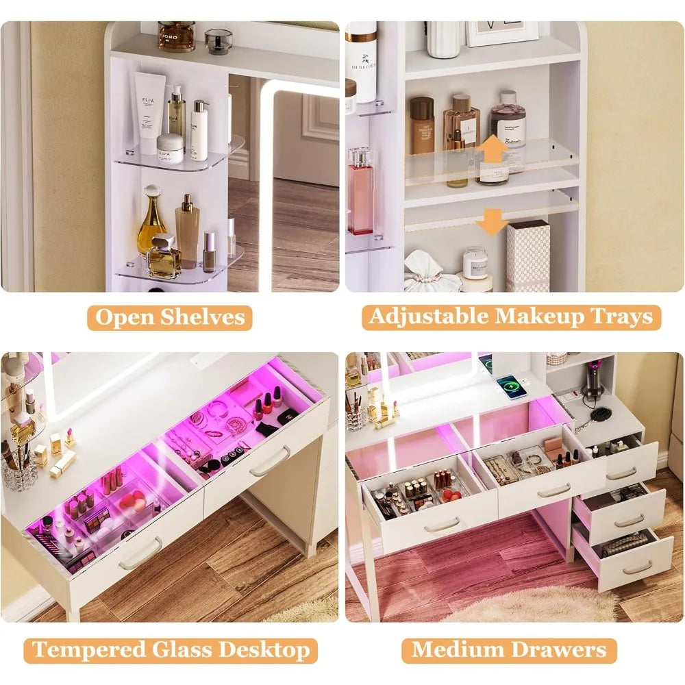 Vanity Desk with LED Mirror, Wireless Charging, 3 Color Lights, Power Outlet