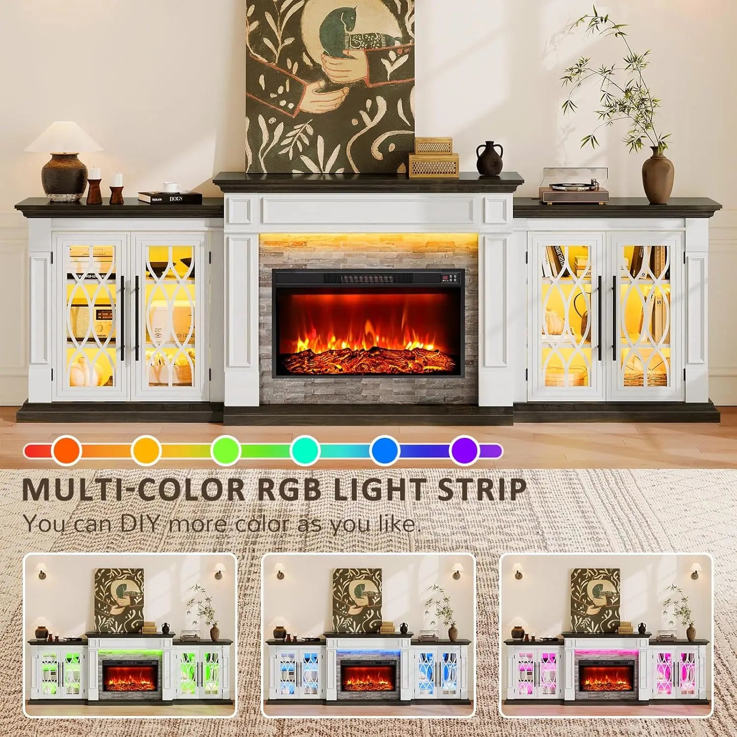 TV Stand, Electric Fireplace Mantel with Cabinets, Glass Doors
