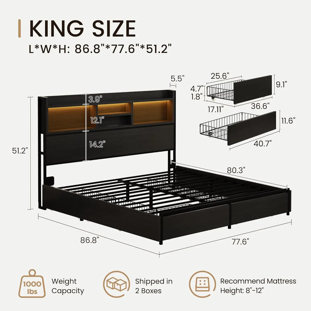 King Storage Bed Frame with 6 Drawers, USB station