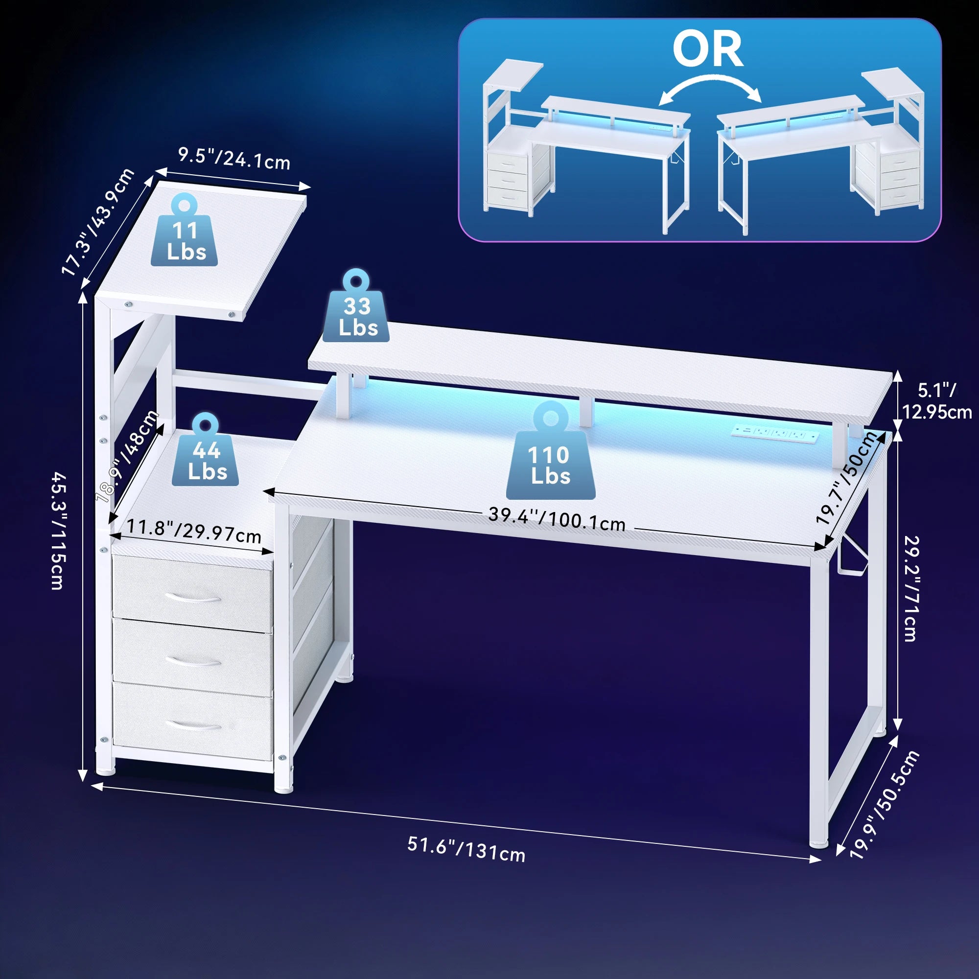 3-Drawer Gaming, Computer Desk LED Lights, Power Outlets