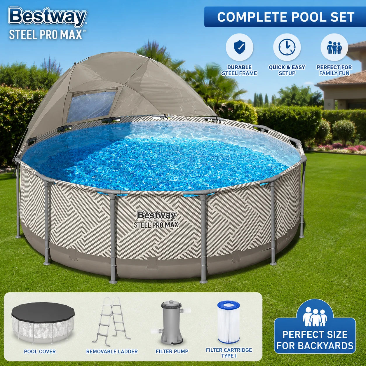 Steel 13ft Round Pool w/canopy, Pump & Ladder