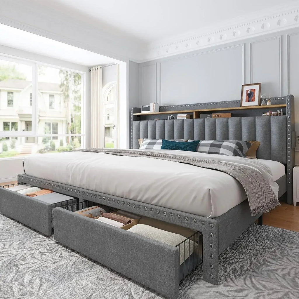 Upholstered King Bed Frame, 2 Storage Drawers and 2-Tier Headboard