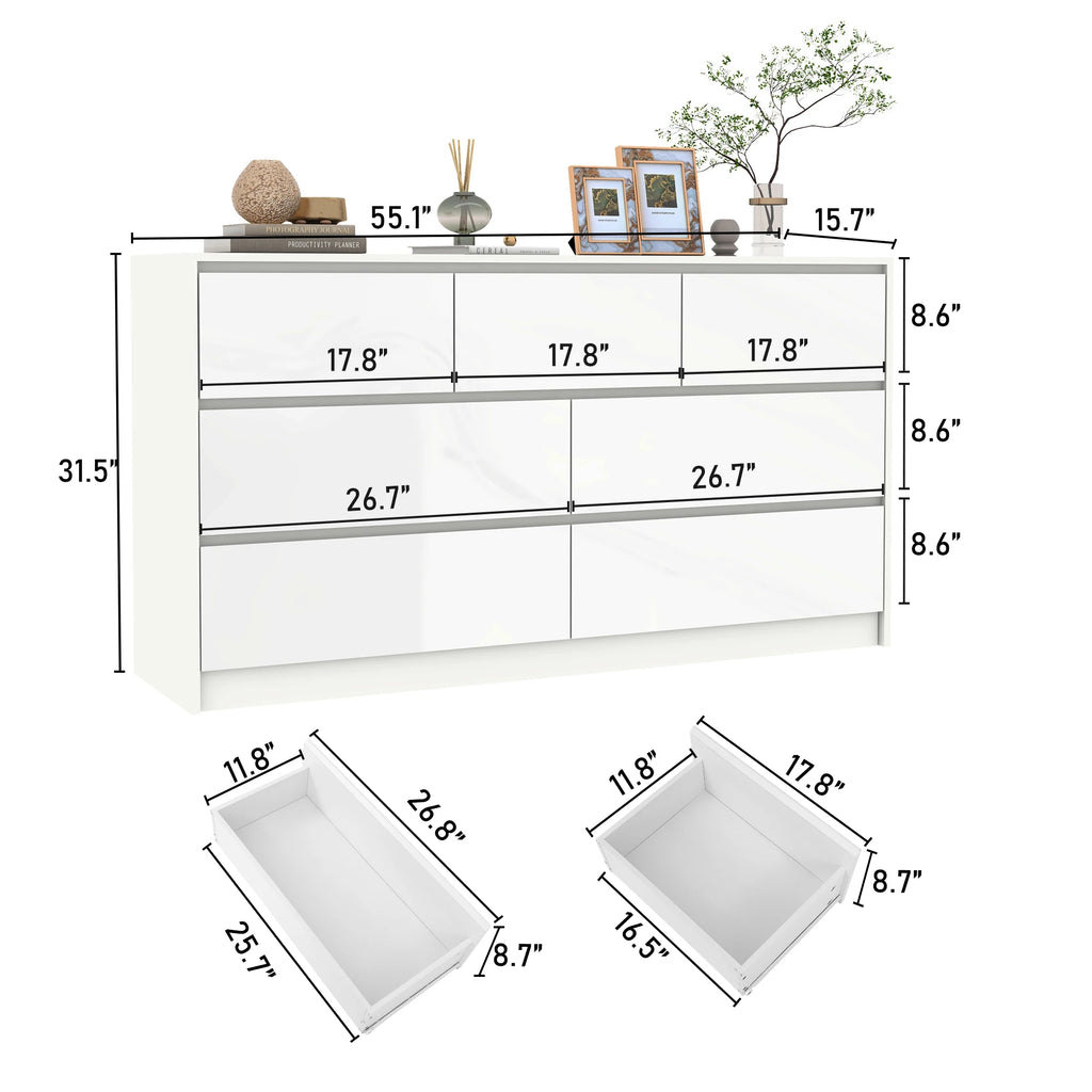 55 Inch Modern 7 Dresser High Gloss Drawers