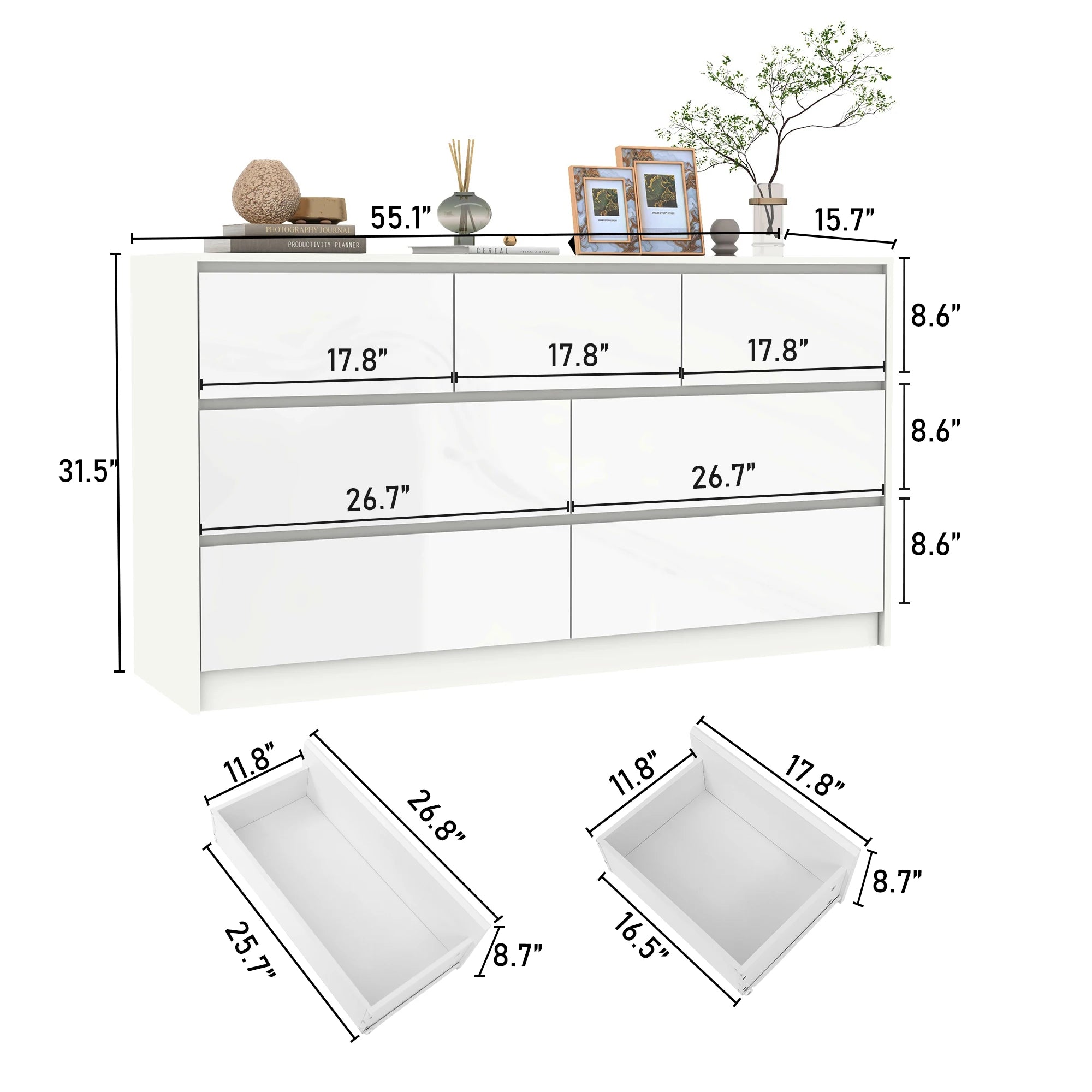 55 Inch Modern 7 Dresser High Gloss Drawers
