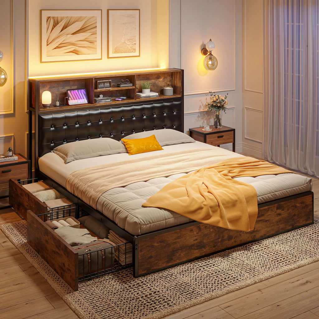 King Bed Frame, LED, Charging Station
