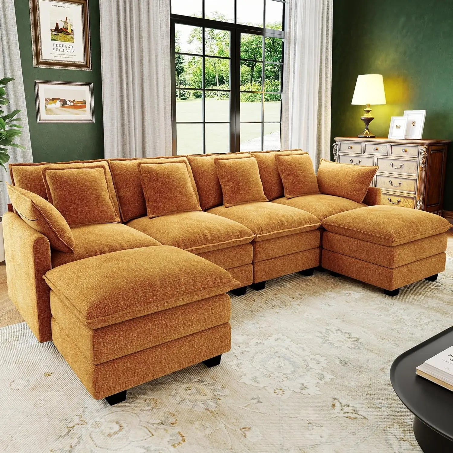 Modular Sectional Sofa Deep Seat, 2 Ottomans