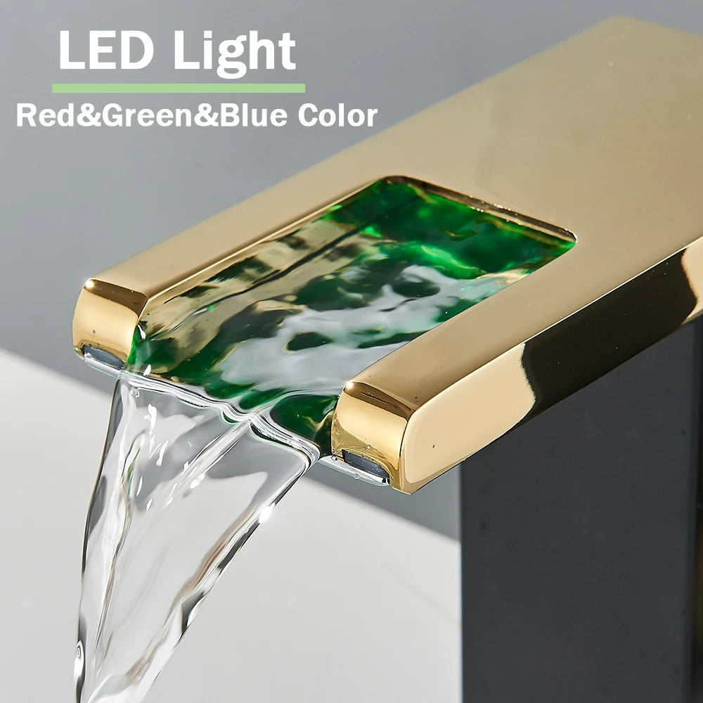 Rozin LED Bathroom Basin Faucet Black Waterfall Sink Faucets Hydroelectric LED Deck Mounted Crane Hot Cold Water Mixer Tap