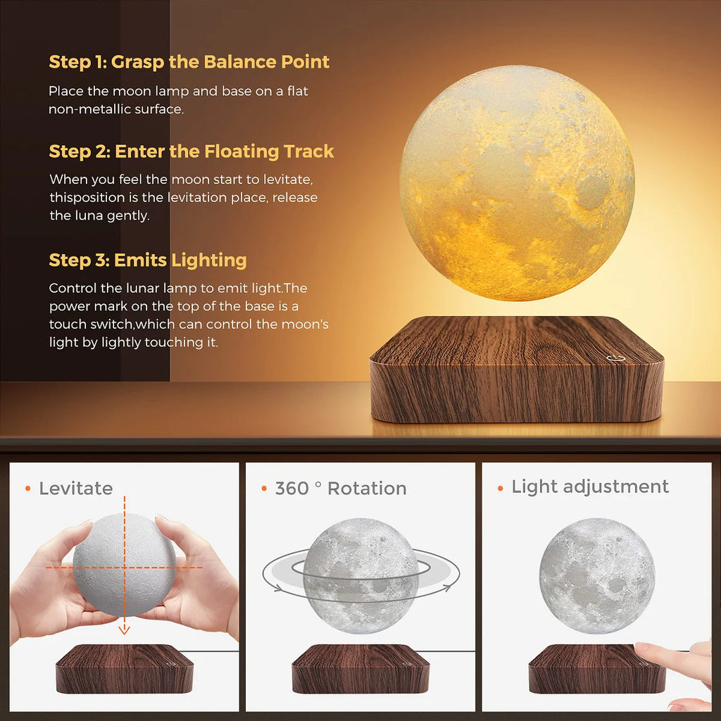 Floating Rotating LED Moon Lamp with Wooden Base,