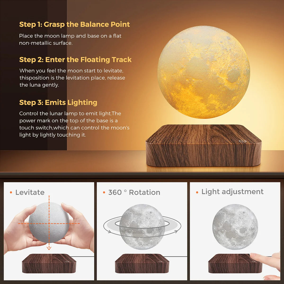 Floating Rotating LED Moon Lamp with Wooden Base,