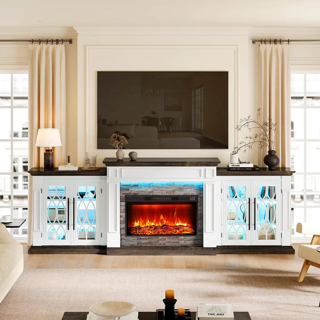 TV Stand, Electric Fireplace Mantel with Cabinets, Glass Doors