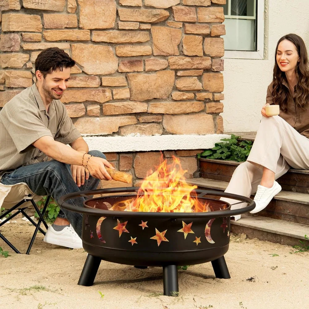 32" Round Wood Burning Fire Pit, Mesh Cover, Fire Poker