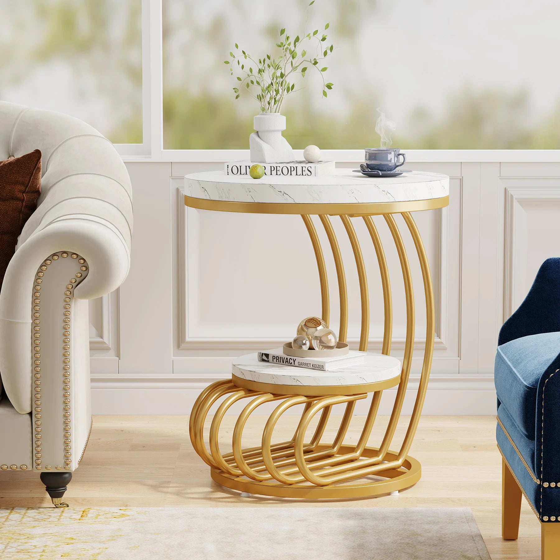 2 Tiers Faux Marble Side Table with Storage Shelf