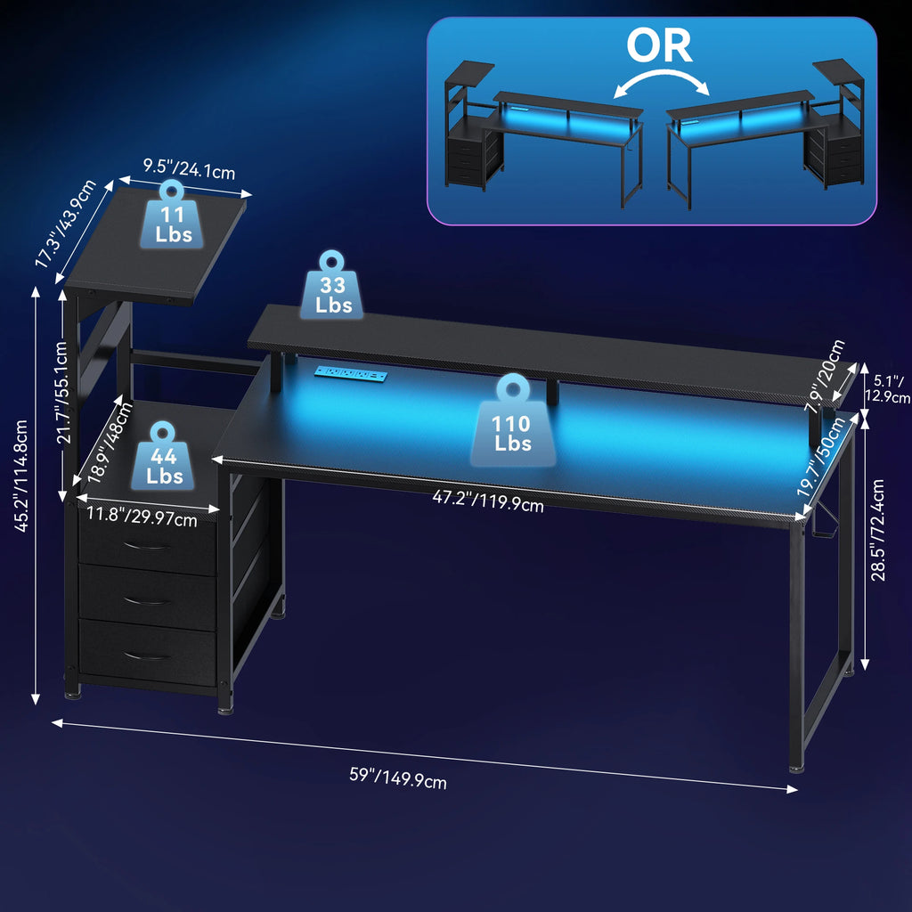 3-Drawer Gaming, Computer Desk LED Lights, Power Outlets