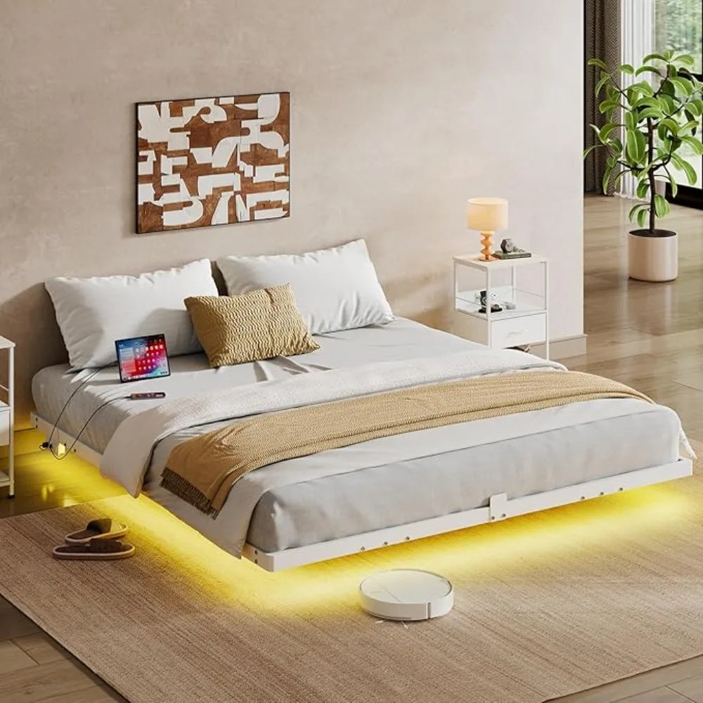 1500Lbs Heavy Duty Metal King Bed Frame with LED Light, Charging Station