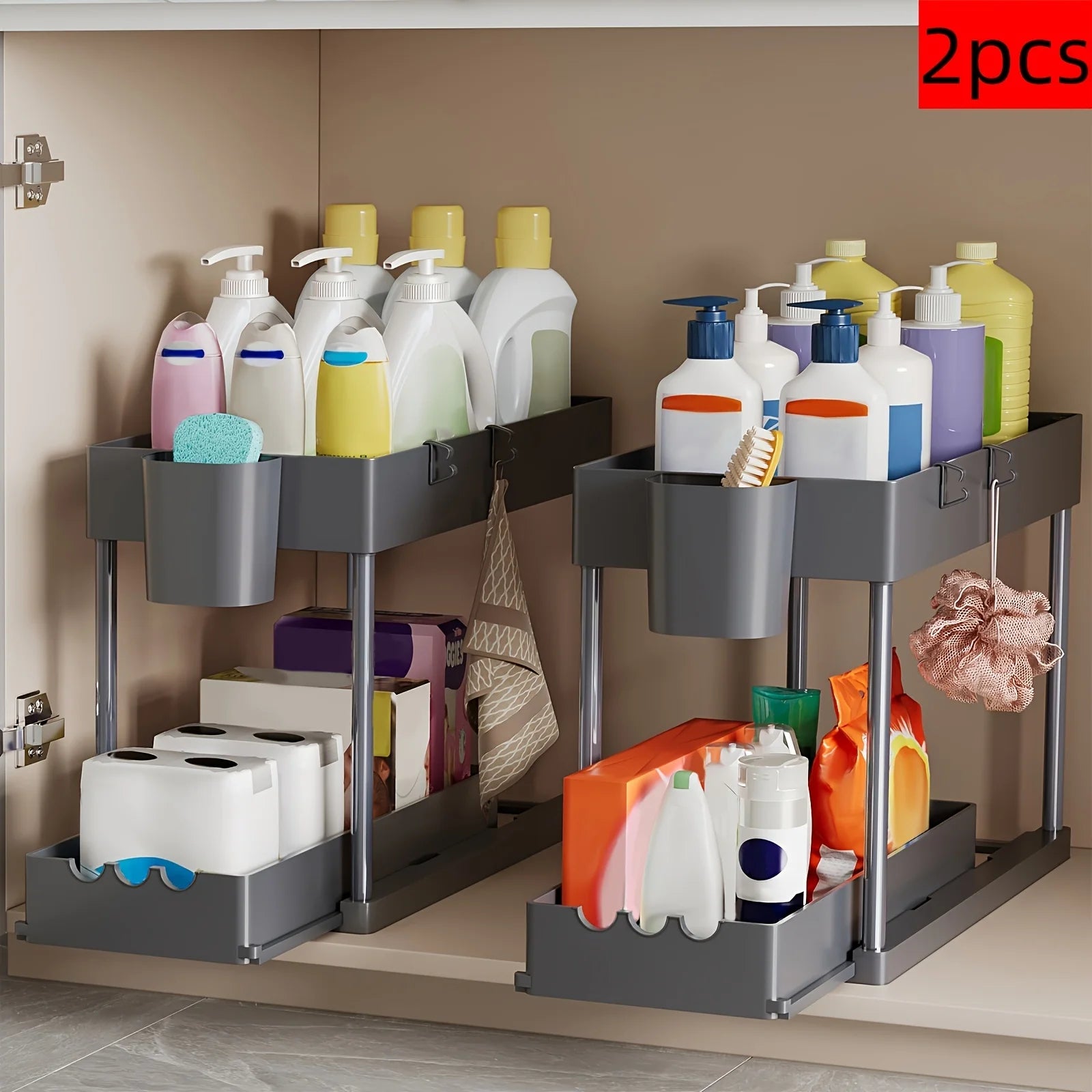 2Pcs 2-Tier Organizer, Pull-Out Under Sink Rack