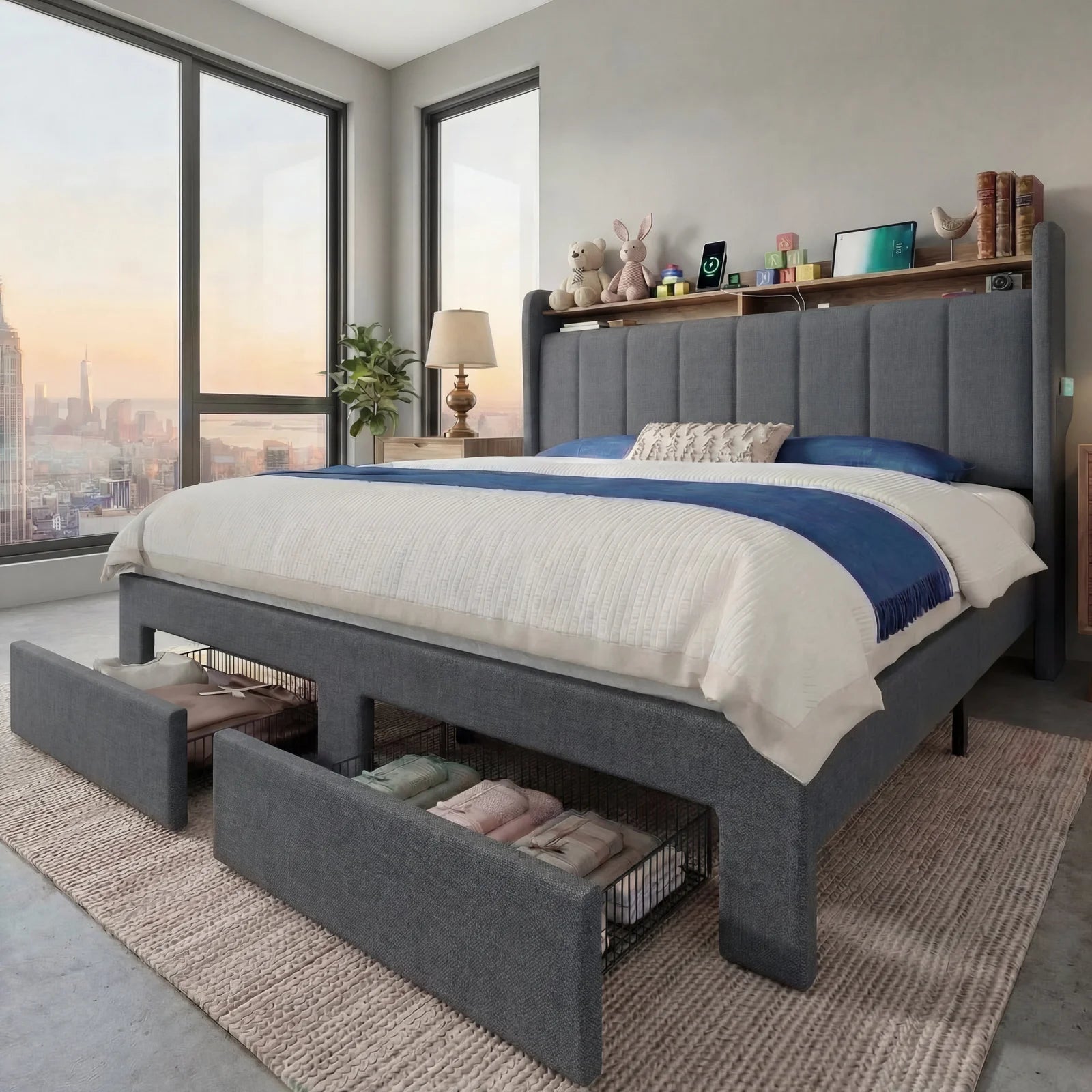 Bed Frame, 2 Drawers, 2 Shelves, LED Lights, Charging Station