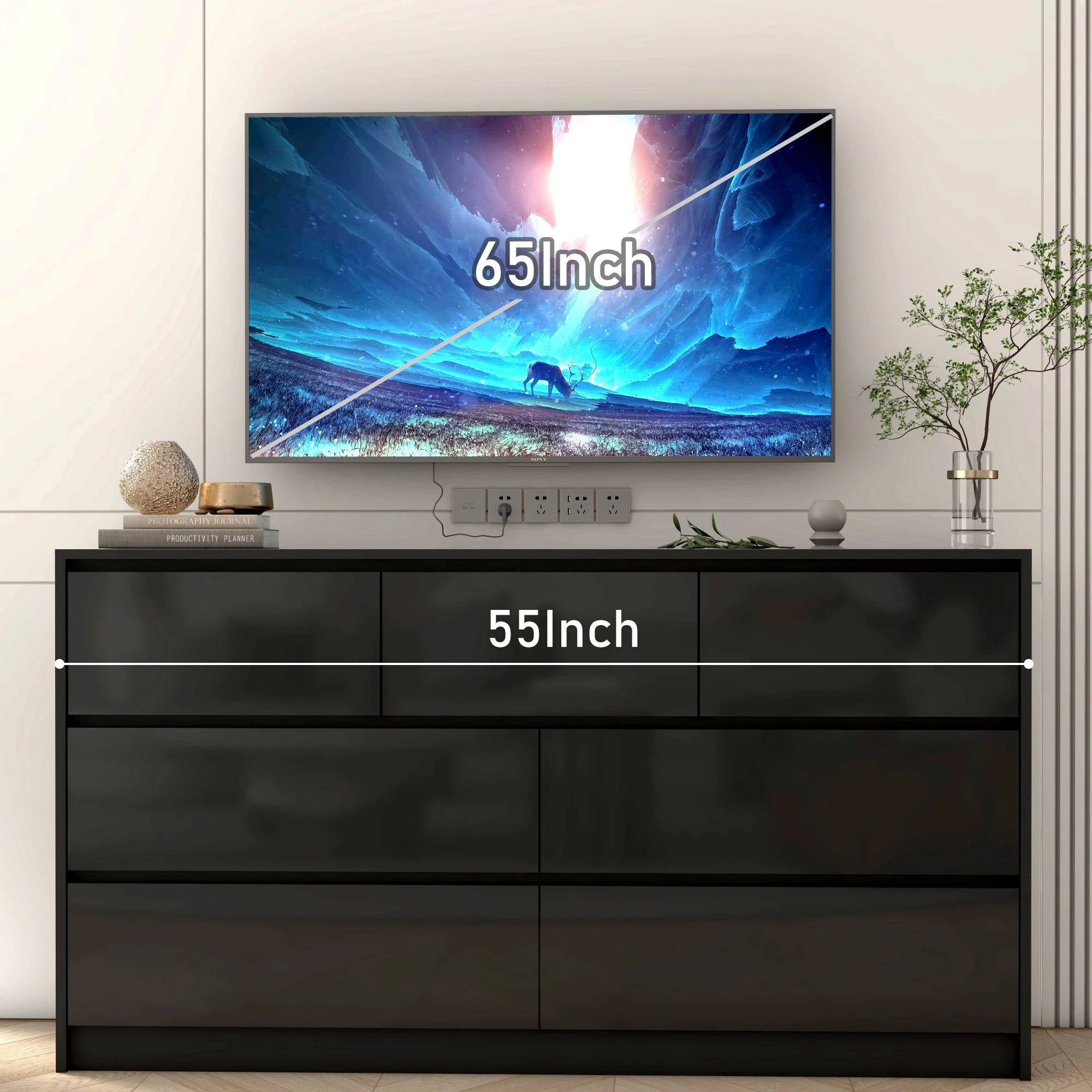 55 Inch Modern 7 Dresser High Gloss Drawers