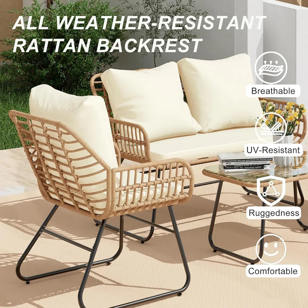 4-Pc.Outdoor Patio Set with Tempered Glass Table/Loveseat