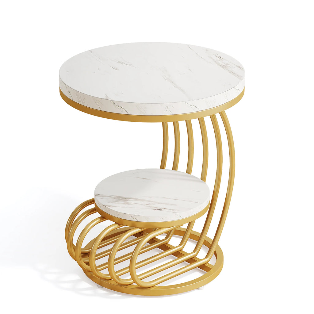 2 Tiers Faux Marble Side Table with Storage Shelf