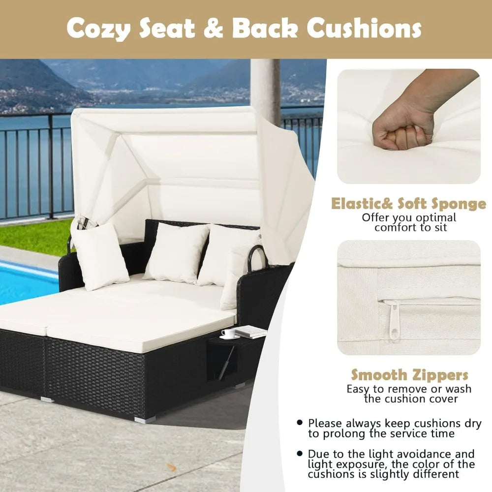 Daybed with Retractable Canopy, 2 Foldable Side Tables
