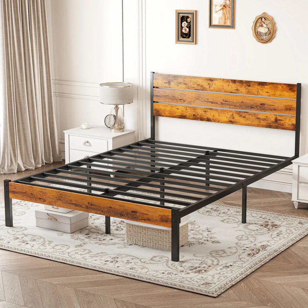 Wooden Headboard, Metal Platform Bed Frame