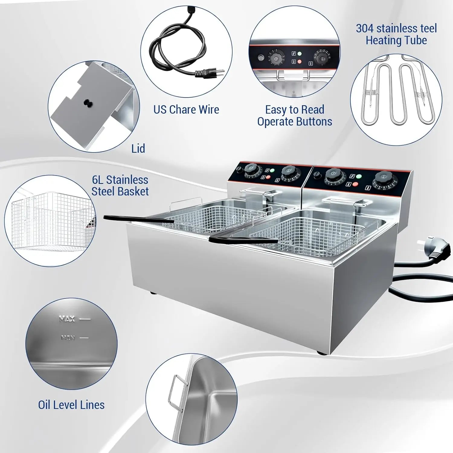 Stainless Steel Electric Deep Fryer with Baskets
