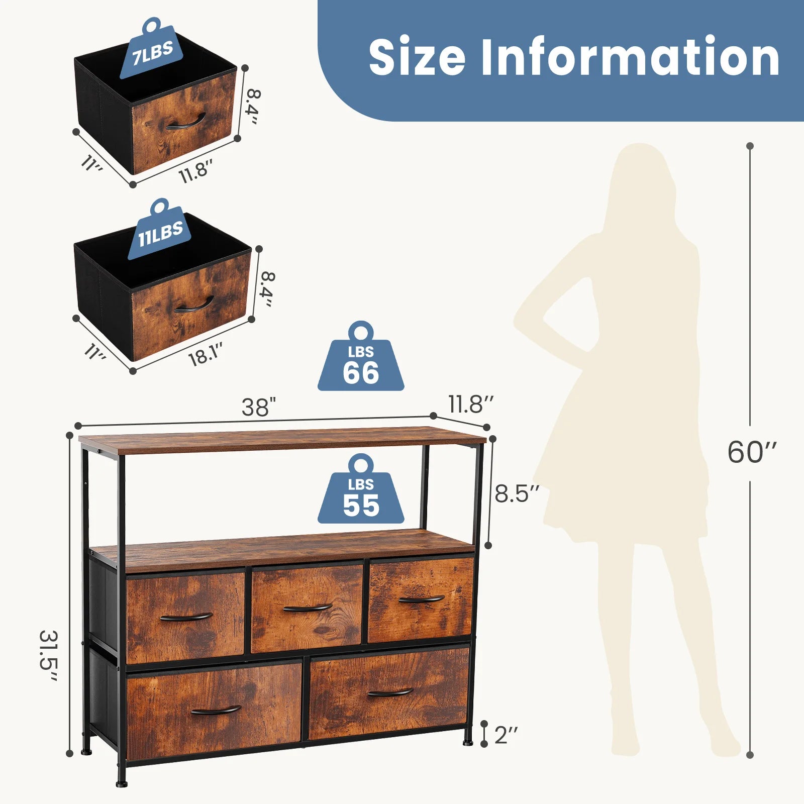 Fireplace TV Stand with 5 Fabric Drawers