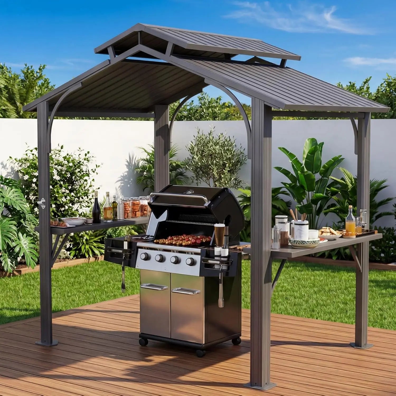 8'x5' Grill Canopy Steel Roof, 2 Side Shelves