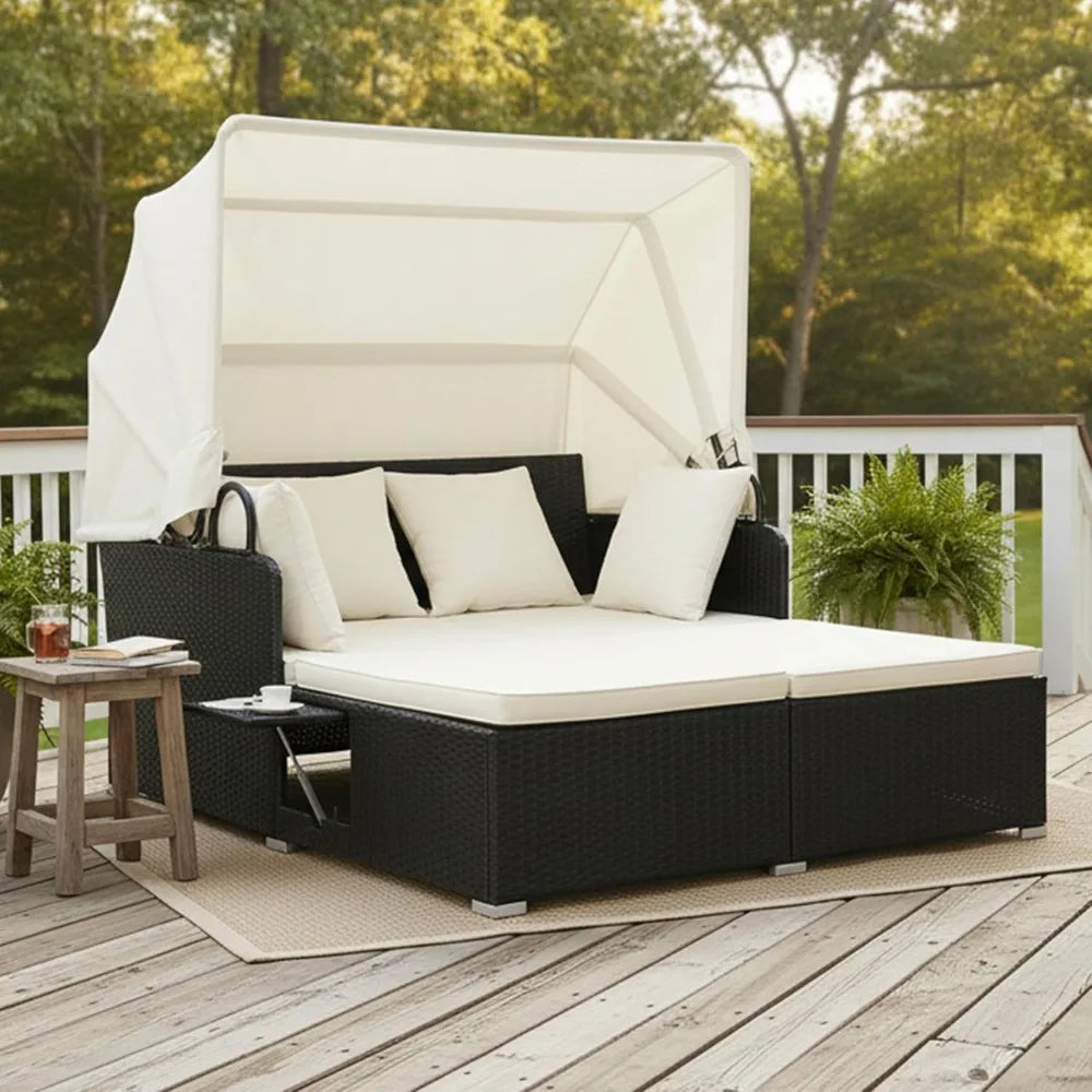 Daybed with Retractable Canopy, 2 Foldable Side Tables