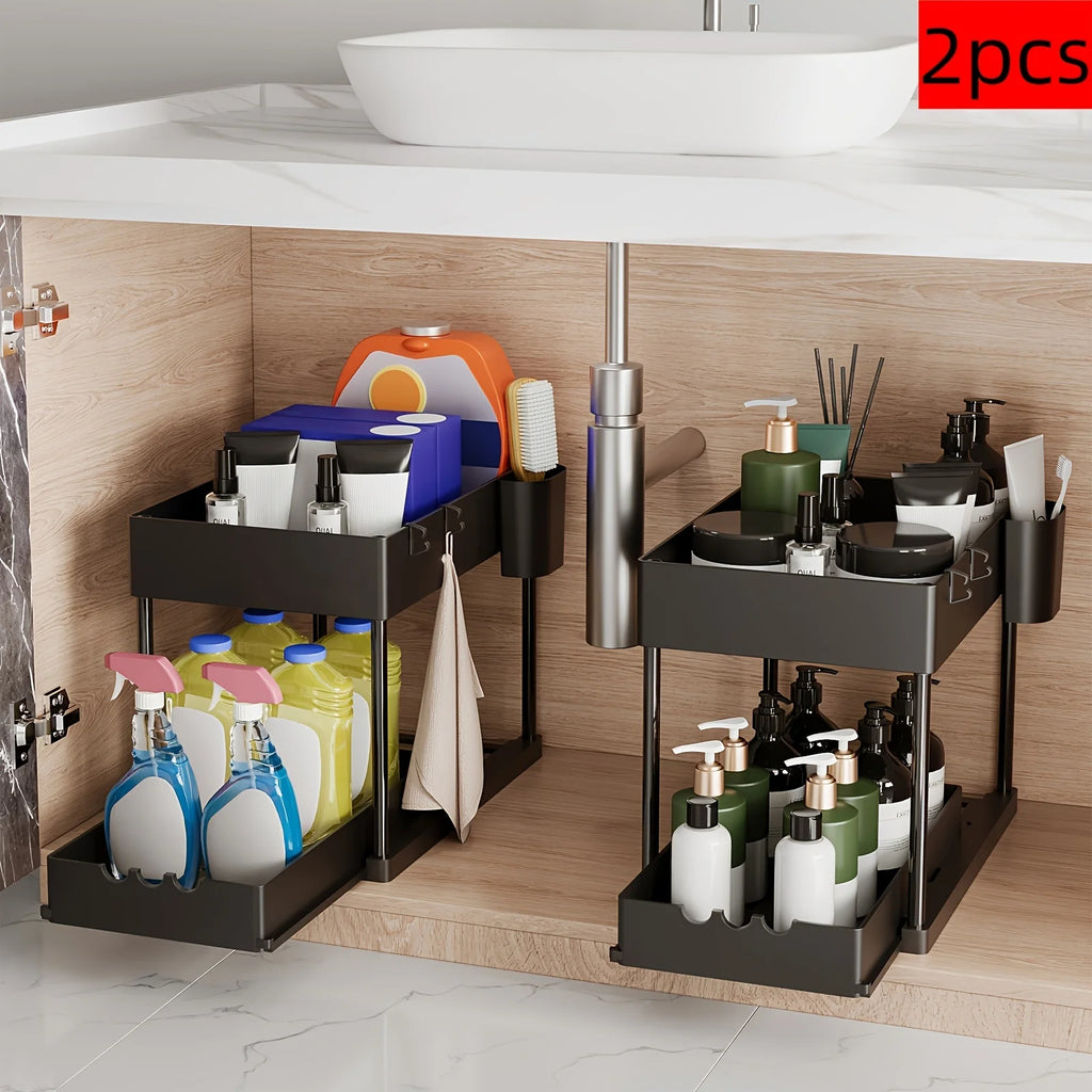 2Pcs 2-Tier Organizer, Pull-Out Under Sink Rack