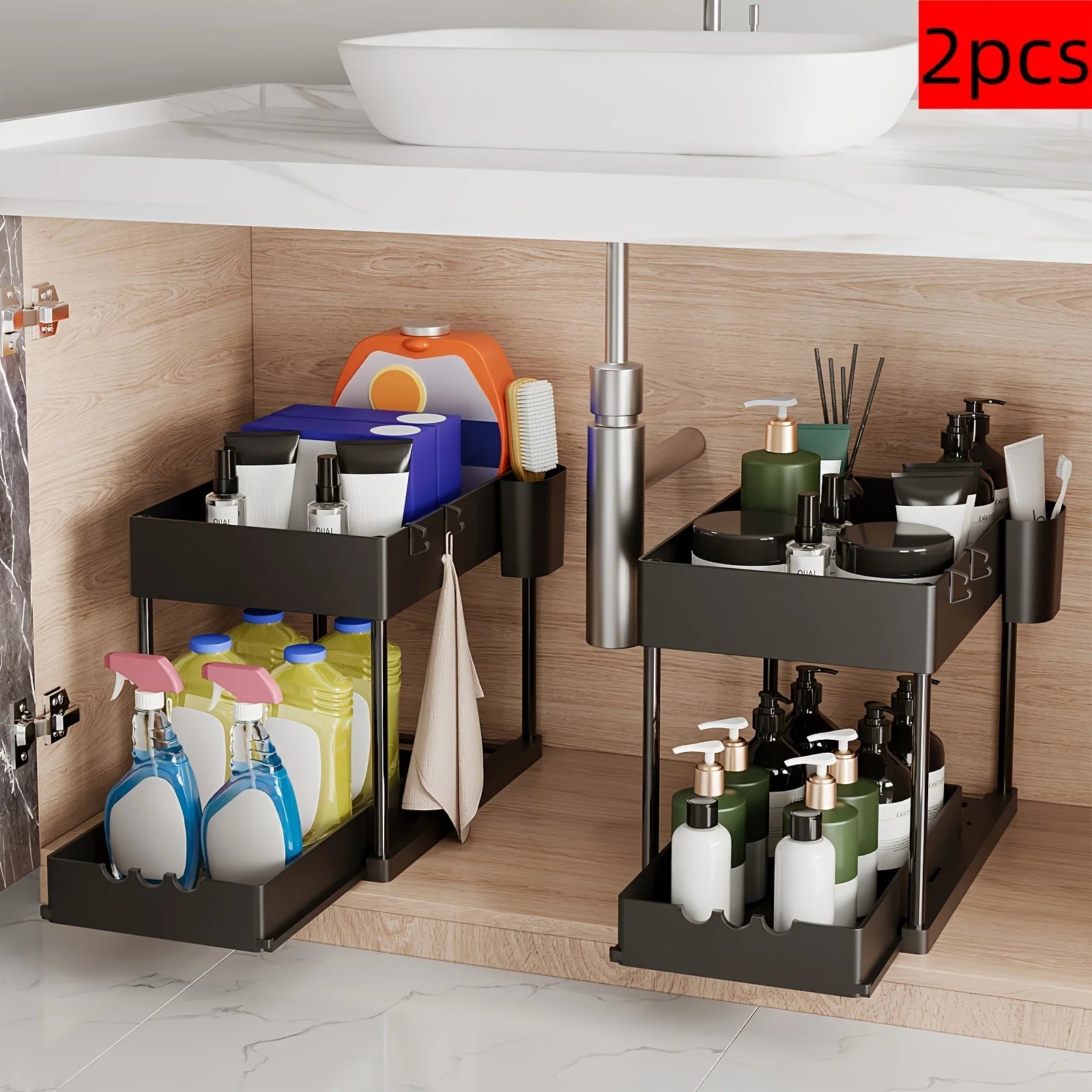 2Pcs 2-Tier Organizer, Pull-Out Under Sink Rack
