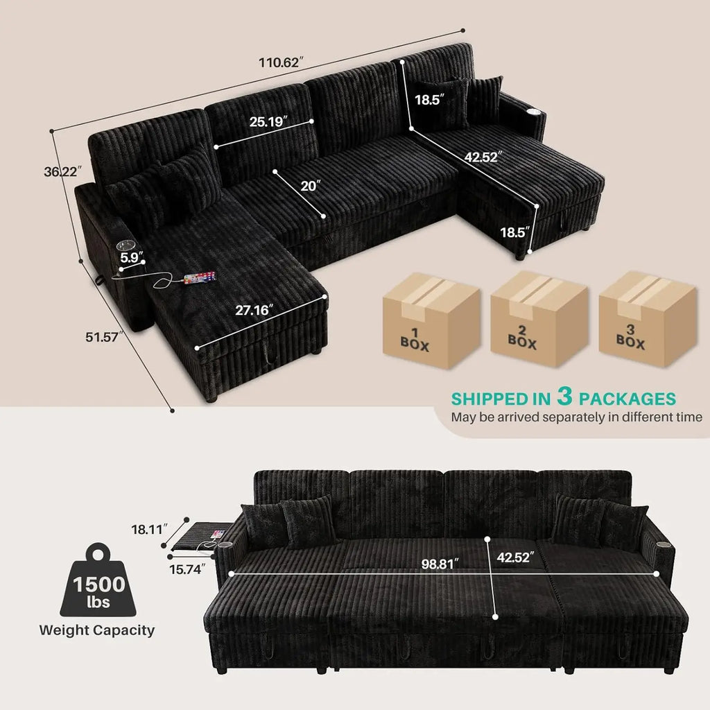 Sectional Sofa Pull Out Bed, Storage Chaise USB