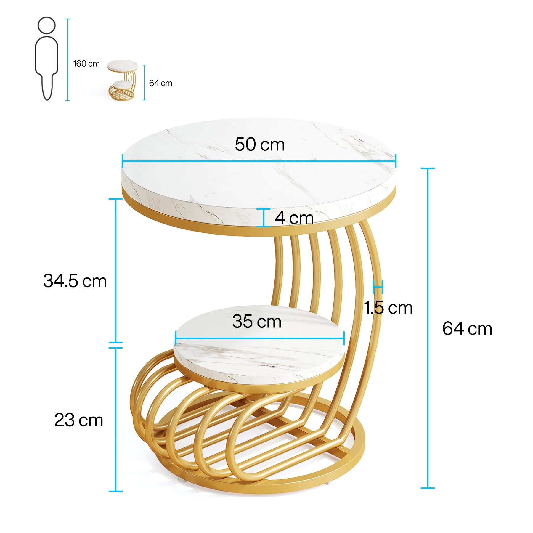 2 Tiers Faux Marble Side Table with Storage Shelf