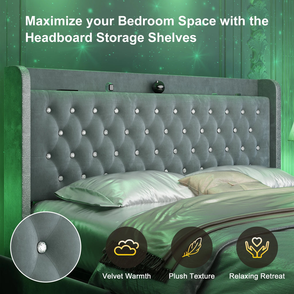 Queen Platform Bed Frame with LED Projector Lights, blue tooth