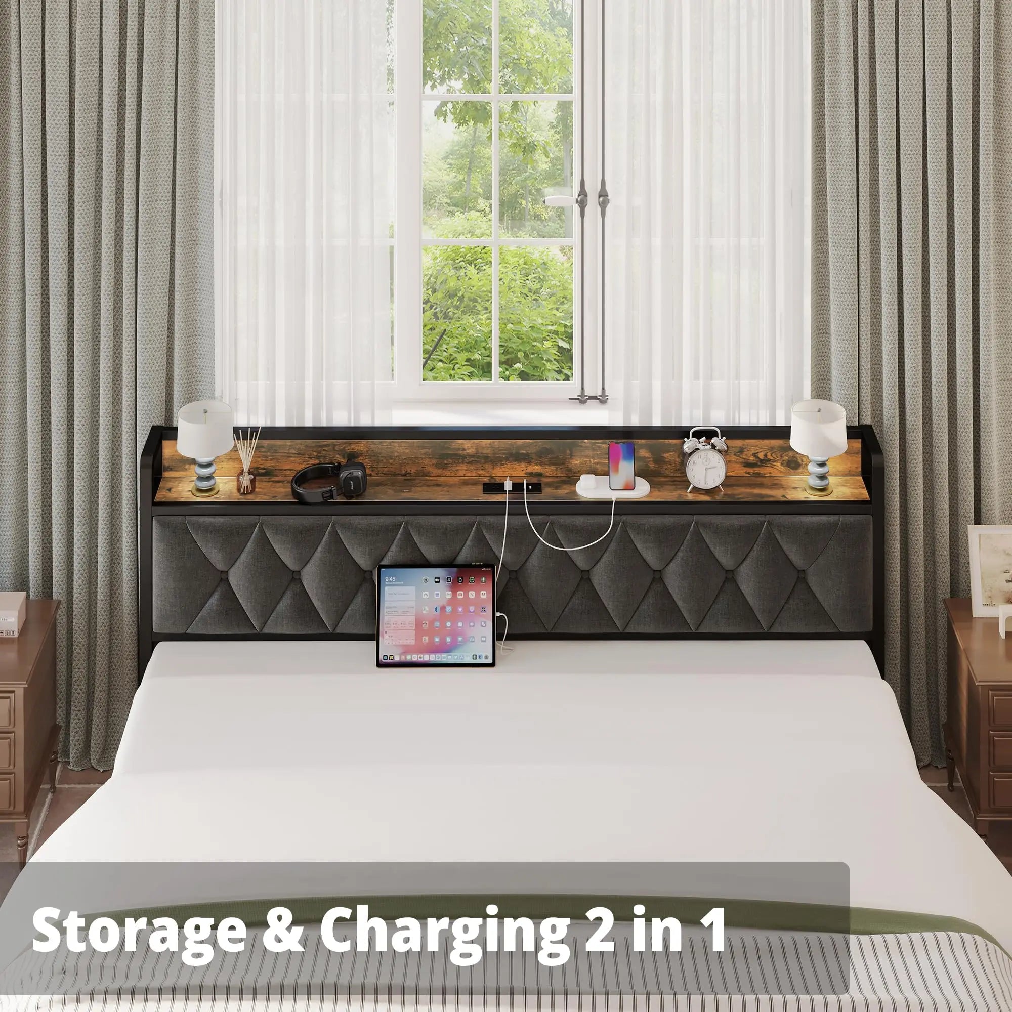 Bed Frames, Storage Headboard with Outlets Twin/TwinXL/Full/Queen/King