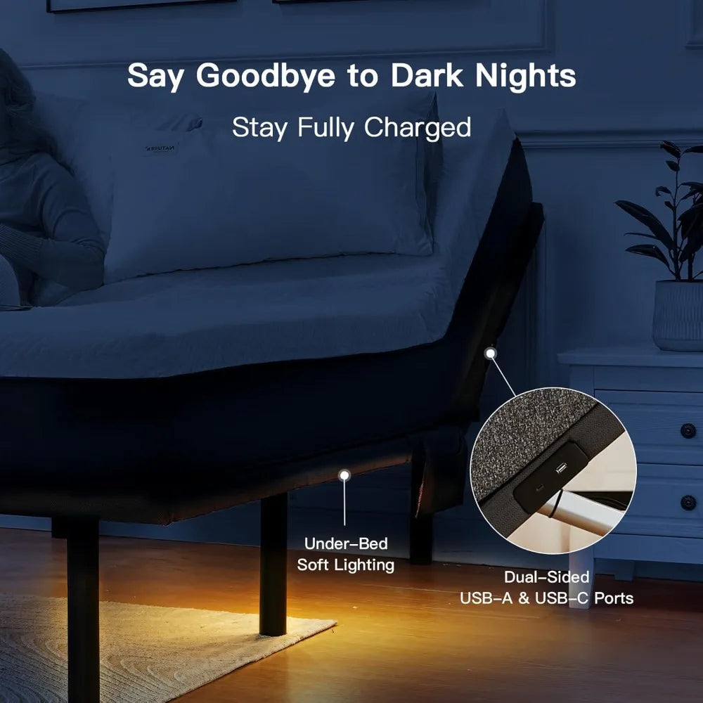LED Queen Adjustable Bed Frame with Massage, USB Ports