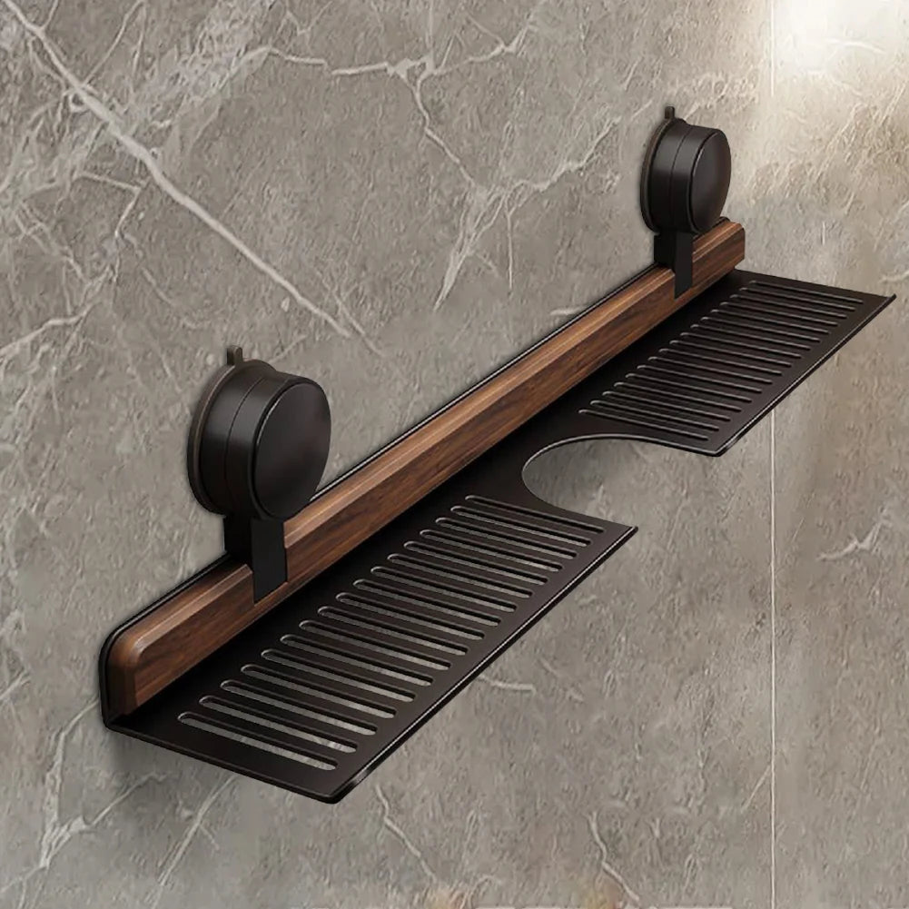 Walnut Suction Cup Bathroom Shelf No Drilling