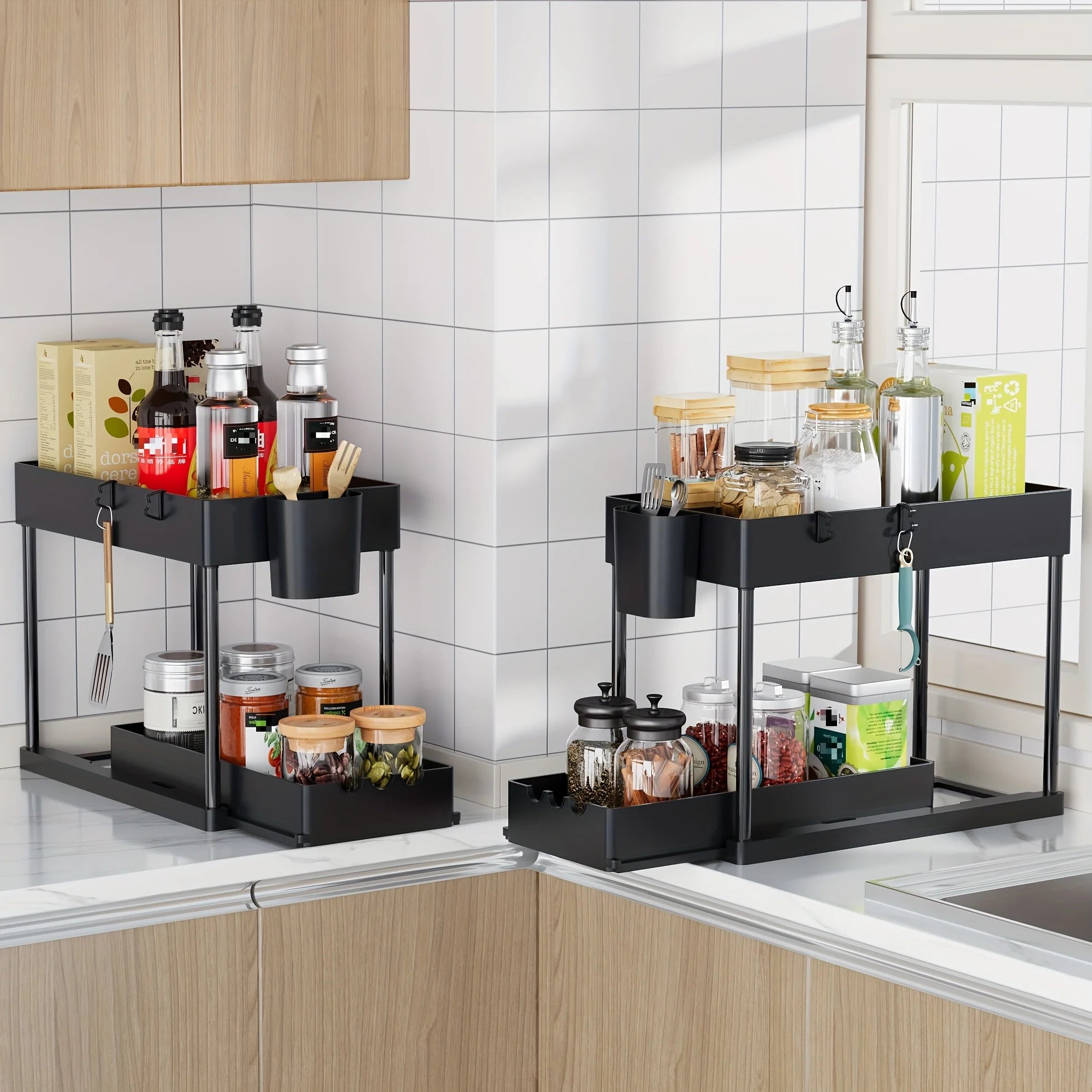 2Pcs 2-Tier Organizer, Pull-Out Under Sink Rack