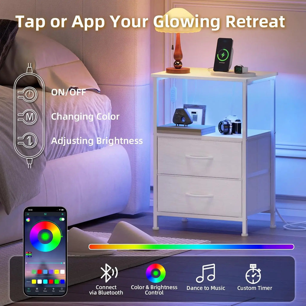 2 Nightstands with Charging Station, LED Lights